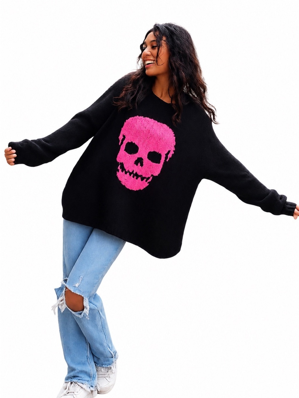 Wooden Ships Pink Skull Sweater S/M Black Oversized Mohair Blend Knit Like New!